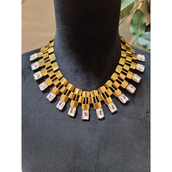 Women's Gold Tone Statement Necklace With Clear Rectangular Crystals By Qian Kuo - Picture 2 of 8